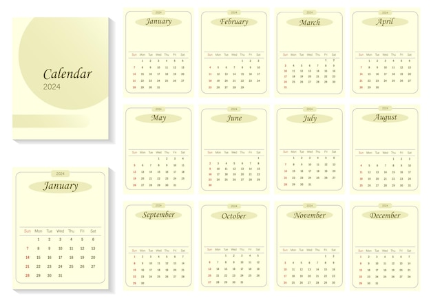 Diseño de plantilla de calendario 2024 La semana comienza en domingo Meses completos para calendario de pared