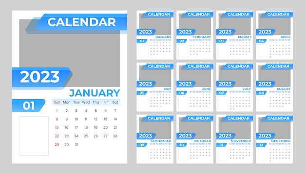 Diseño de plantilla de calendario azul 2023 Elegante año nuevo imprimible con espacio para fotos