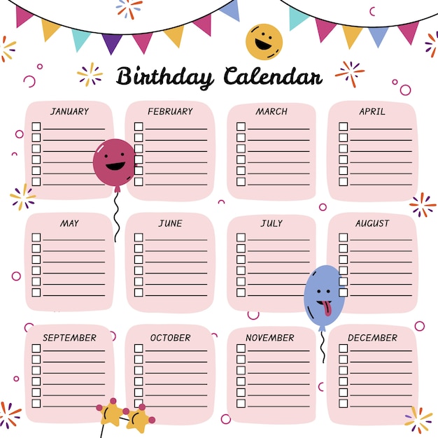 Vector diseño de plantilla de calendario de cumpleaños dibujado a mano