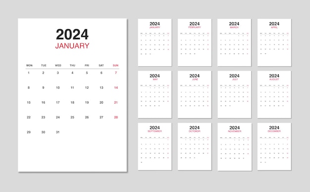Diseño de plantilla de calendario editable 2024