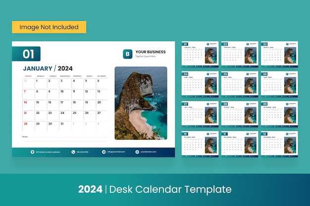 Diseño de plantilla de calendario de escritorio vectorial 2024 para empresas