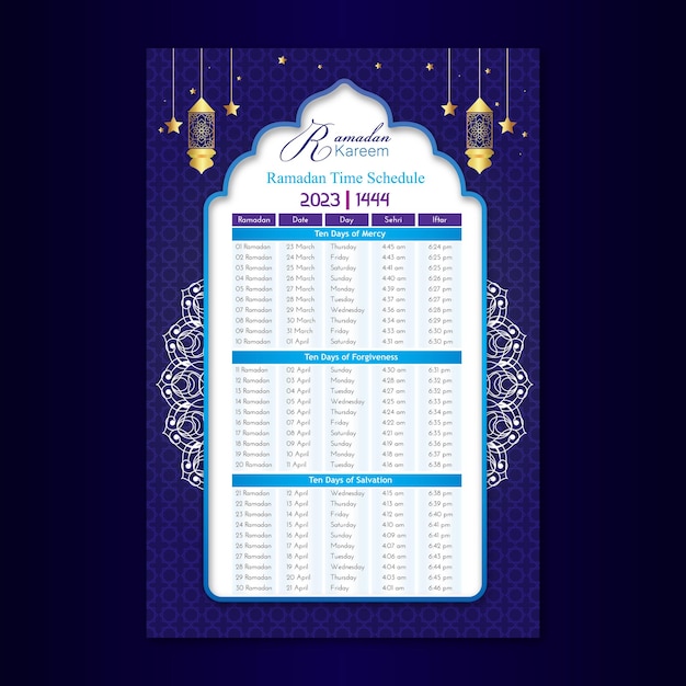 Diseño de plantilla de calendario de horario de ramadán degradado