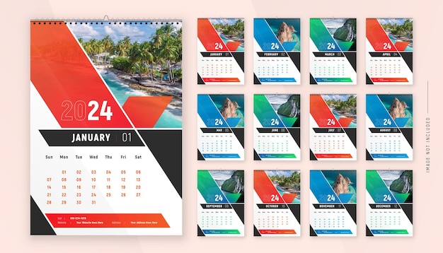 Diseño de plantilla de calendario mensual para el año 2024 Semana comienza el domingo calendario en estilo moderno
