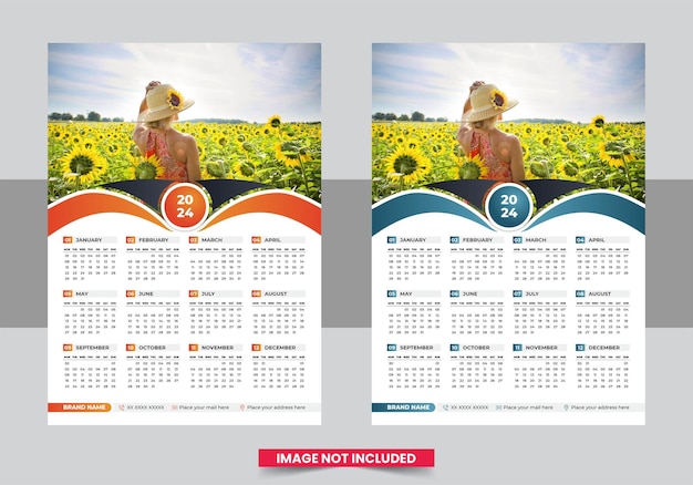 Diseño de plantilla de calendario de pared de una página listo para imprimir para 2024