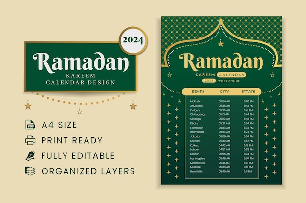 Diseño de plantilla de calendario de Ramadán realista vectorial 2024