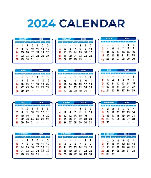 Diseño de plantilla de calendario vectorial 2024