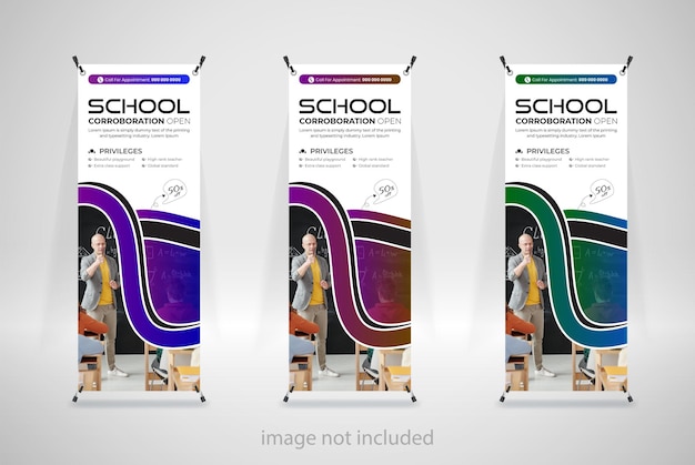 Vector diseño de plantilla de cartel de admisión a la escuela roll up banner o xstand banner stand con 3 colores