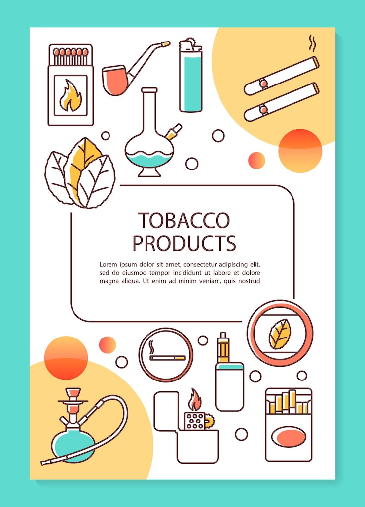 Vector diseño de plantilla de cartel de la industria del tabaco. equipos, productos para fumar. banner, folleto, diseño de impresión de folletos con iconos lineales. diseños de página de folleto de vector para revistas, folletos publicitarios