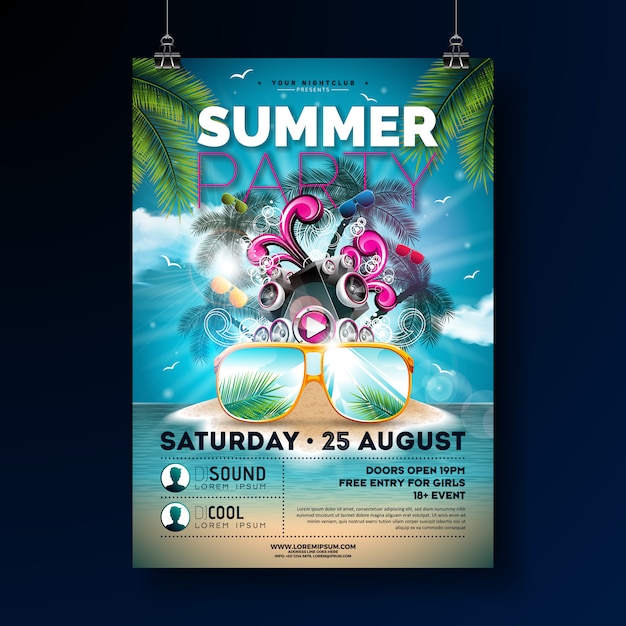Vector diseño de la plantilla del cartel del partido de la playa del verano con los vidrios de la flor y de sol.