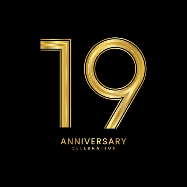 Diseño de plantilla de celebración del 19 aniversario con números dorados Ilustración de plantilla vectorial