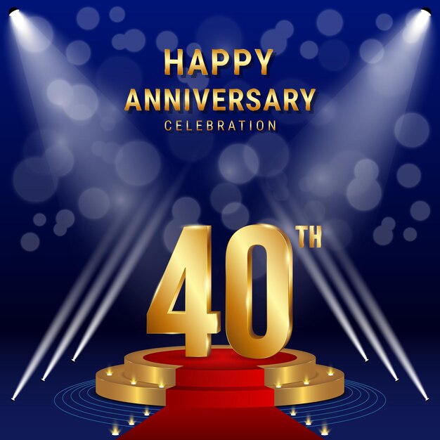 Diseño de plantilla de celebración del 40 aniversario con podio dorado y alfombra roja Vector EPS10