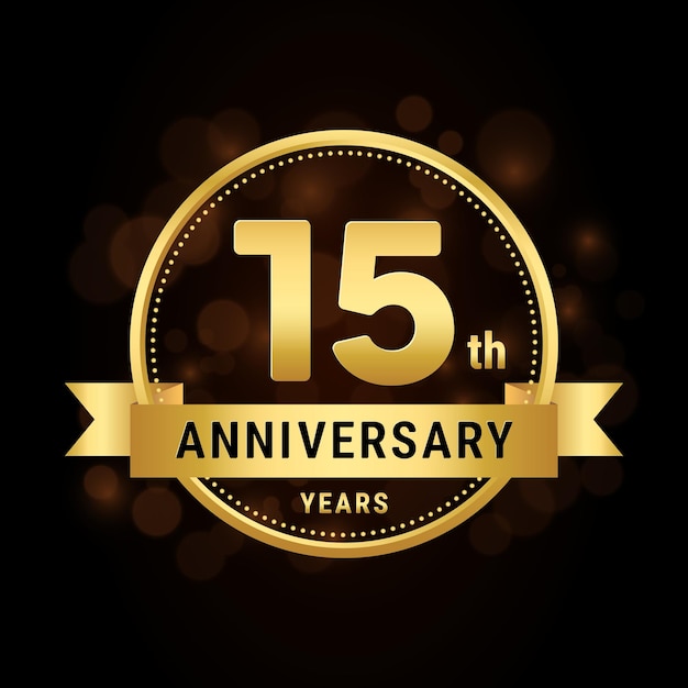 Diseño de plantilla de celebración de aniversario de 15 años con ilustración de vector de logotipo de cinta dorada