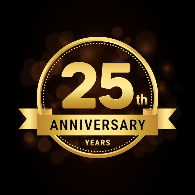Diseño de plantilla de celebración de aniversario de 25 años con ilustración de vector de logotipo de cinta dorada