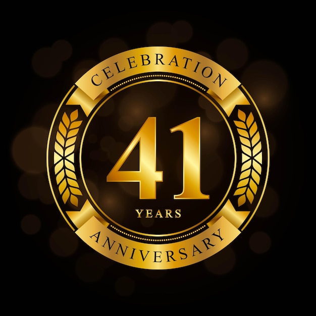 Diseño de plantilla de celebración de aniversario de 41 años con anillo brillante y corona de laurel de cinta dorada aislada en vector de logotipo de fondo negro