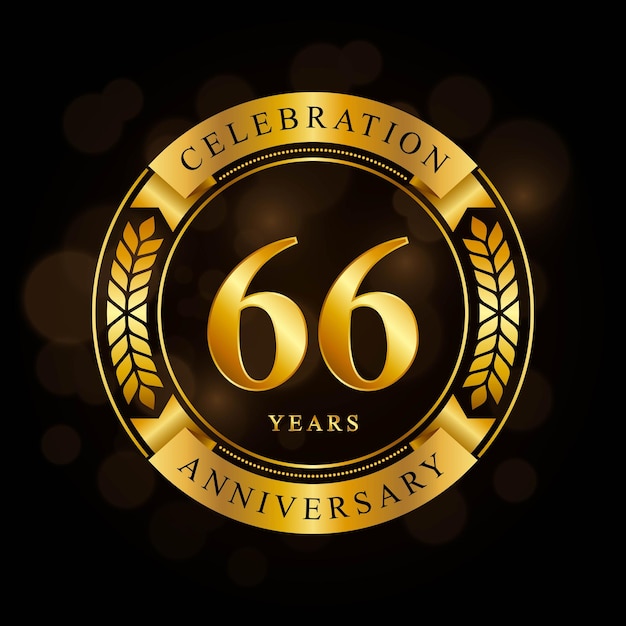 Diseño de plantilla de celebración de aniversario de 66 años con anillo brillante y corona de laurel de cinta dorada aislada en vector de logotipo de fondo negro