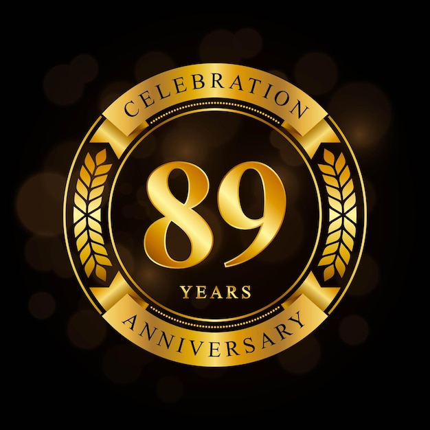 Diseño de plantilla de celebración de aniversario de 89 años con anillo brillante y corona de laurel de cinta dorada aislada en vector de logotipo de fondo negro