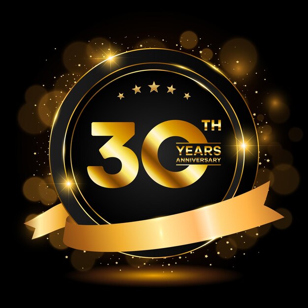 Diseño de plantilla de celebración de aniversario Número dorado 30 con confeti brillante y cinta Ilustración vectorial EPS10