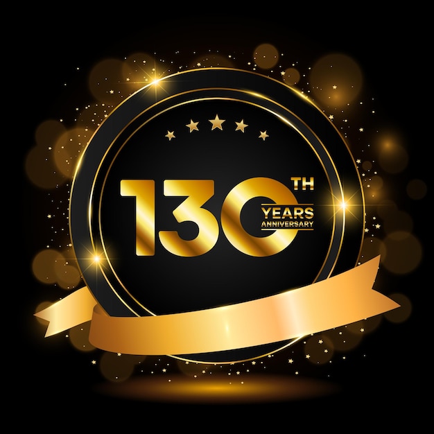 Diseño de plantilla de celebración de aniversario Número de oro 130 con confeti brillante y cinta Ilustración vectorial EPS10