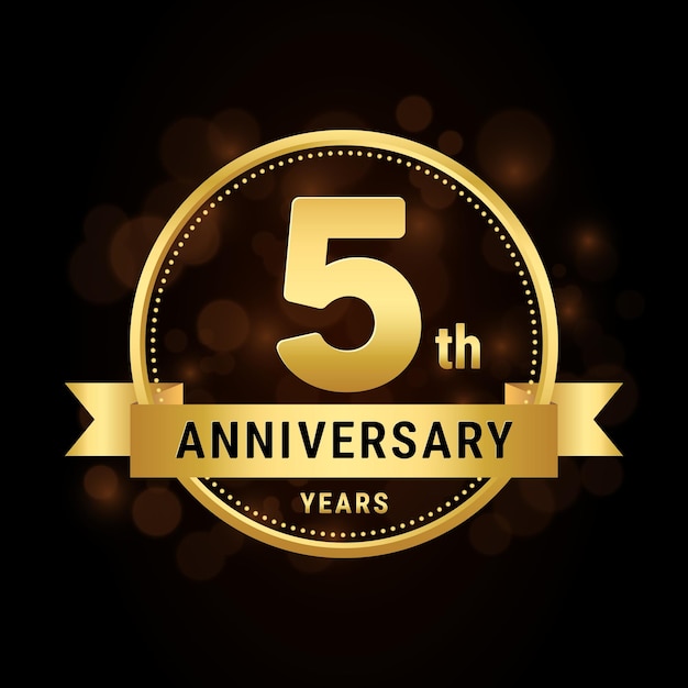 Diseño de plantilla de celebración de aniversario del quinto aniversario con ilustración de vector de logotipo de cinta dorada