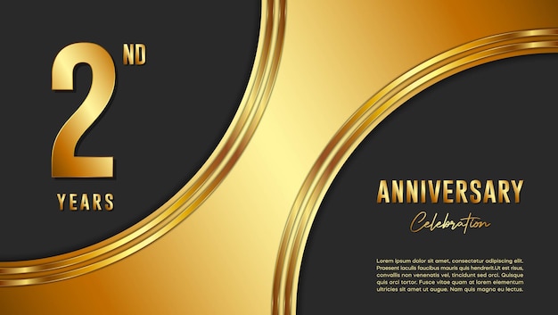 Diseño de plantilla de celebración del segundo aniversario con fondo dorado y números Plantilla vectorial