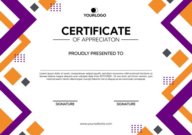 El diseño de la plantilla del certificado de aprecio con rectángulo púrpura y naranja