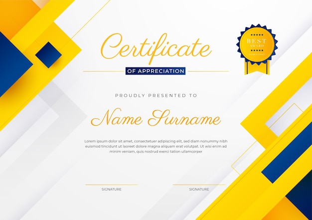 Diseño de plantilla de certificado con azul moderno elegante plantilla de certificado de logro de premio con insignia y borde de oro