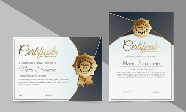 Diseño de plantilla de certificado azul oscuro y dorado
