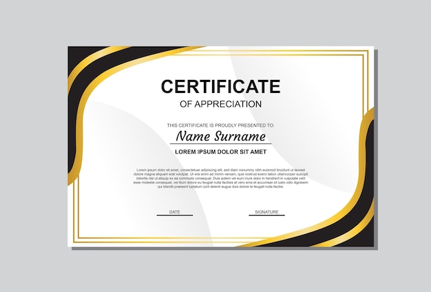 Diseño de plantilla de certificado en color dorado y negro con lujo y estilo moderno