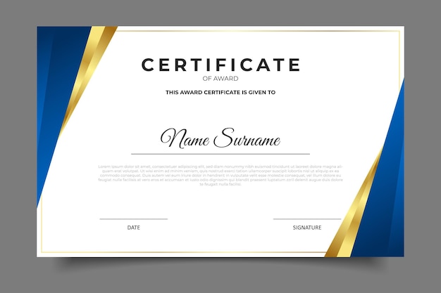 diseño de plantilla de certificado comercial de oro de lujo degradado azul moderno
