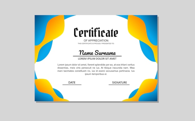 diseño de la plantilla del certificado en estilo abstracto azul y naranja para la educación y la apreciación empresarial