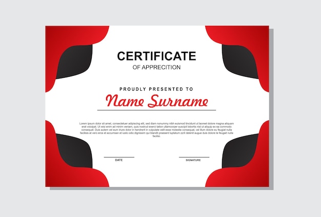 Diseño de plantilla de certificado de estilo abstracto de color rojo y negro