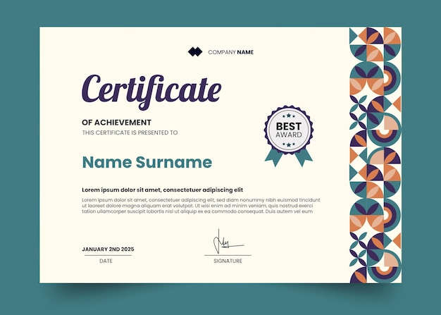 Diseño de plantilla de certificado geométrico moderno abstracto colorido