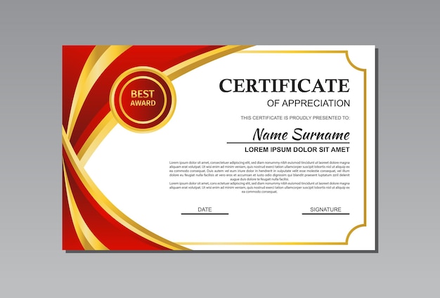 diseño de plantilla de certificado horizontal rojo y dorado en estilo abstracto para su apreciación