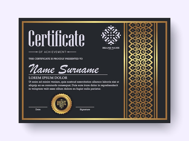 Diseño de plantilla de certificado negro dorado premium