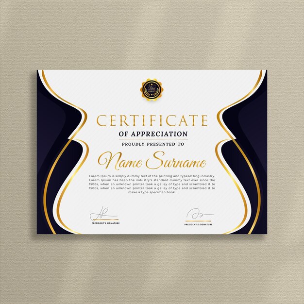 Diseño de plantilla de certificado profesional y premium con formas geométricas doradas