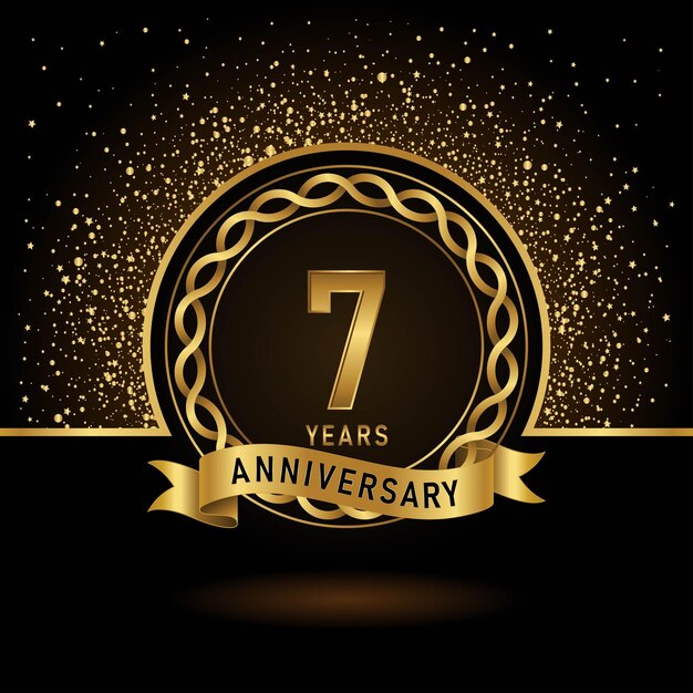 Diseño de plantilla de color dorado del séptimo aniversario para evento de cumpleaños Plantilla vectorial