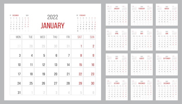Diseño de plantilla corporativa de planificador de calendario 2022 mes de marzo la semana comienza el lunes cuadrícula básica