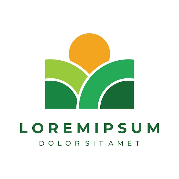 Diseño de plantilla creativa de logotipo de paisaje verde con tierras de cultivo o plantaciones y colinaslogo para productos naturales y agrícolas