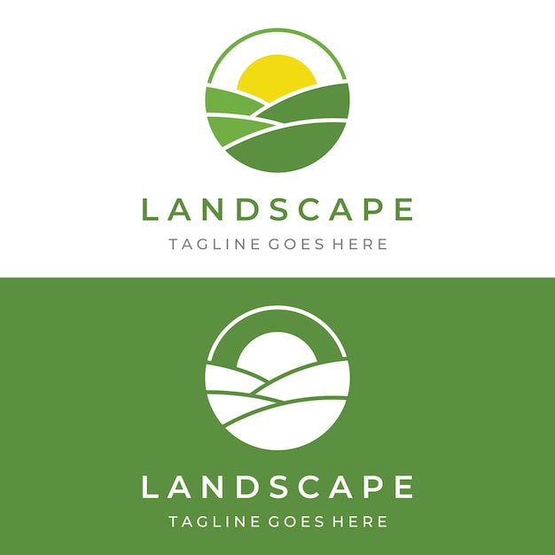 Diseño de plantilla creativa de logotipo de paisaje verde con tierras de cultivo o plantaciones y colinasLogo para productos naturales y agrícolas