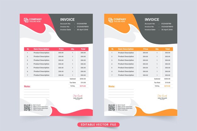 Diseño de plantilla de factura con formas abstractas y colores oscuros Decoración de recibo de pago con colores rojo y naranja Vector de plantilla de factura comercial profesional con sección de precio del producto