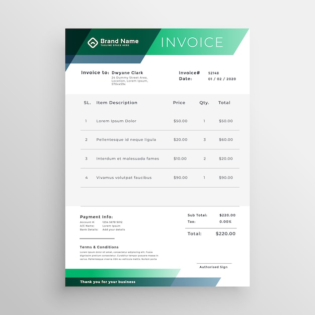 Diseño de plantilla de factura geométrica verde profesional
