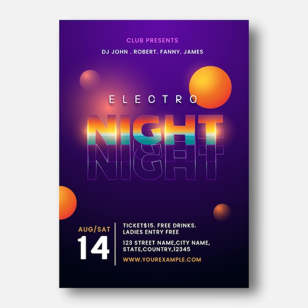 Diseño de plantilla de fiesta electro nocturna con detalles del lugar en color morado.