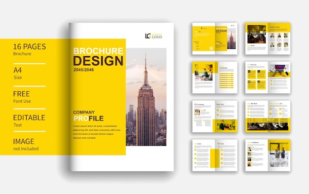 Diseño de plantilla de folleto corporativo amarillo de 16 páginas