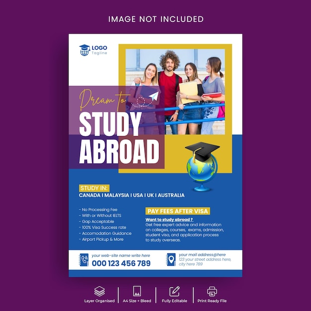 Vector diseño de plantilla de folleto de estudio en el extranjero o cartel de admisión universitaria