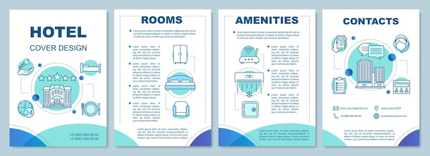 Diseño de plantilla de folleto de información del hotel. opciones de habitación, servicio. apartamento, alojamiento. flyer, folleto, diseño de impresión de folletos con iconos lineales. diseños de páginas vectoriales para revistas, informes, carteles.