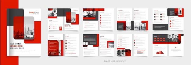 Diseño de plantilla de folleto de perfil comercial de 16 páginas con formas creativas de color rojo vector premium