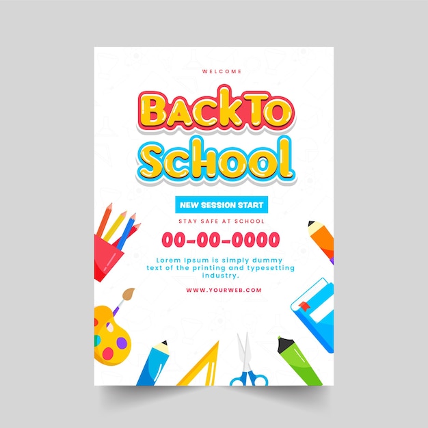 Diseño de plantilla de folleto de regreso a la escuela con elementos de suministros sobre fondo blanco.