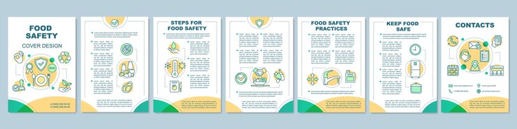 Vector diseño de plantilla de folleto de seguridad alimentaria. productos ecológicos. folleto, folleto, diseño de impresión de folletos con iconos lineales. nutrición saludable. cocinando. diseños de páginas vectoriales para revistas, informes, carteles publicitarios.