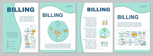 Diseño de plantilla de folleto de servicios de facturación. sistemas de pago. volante, folleto, diseño de impresión de folletos con ilustraciones lineales. diseños de página de vectores para revistas, informes anuales, carteles publicitarios