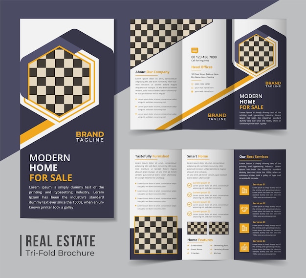 Diseño de plantilla de folleto tríptico de bienes raíces corporativos y apartamentos